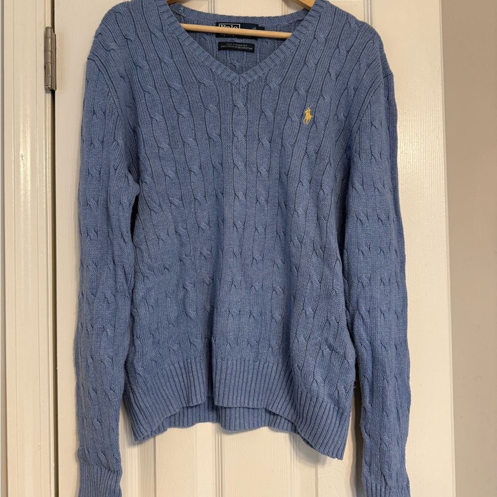 100% Tussah Silk Polo by Ralph Lauren Women's Blue Cable Knit Sweater